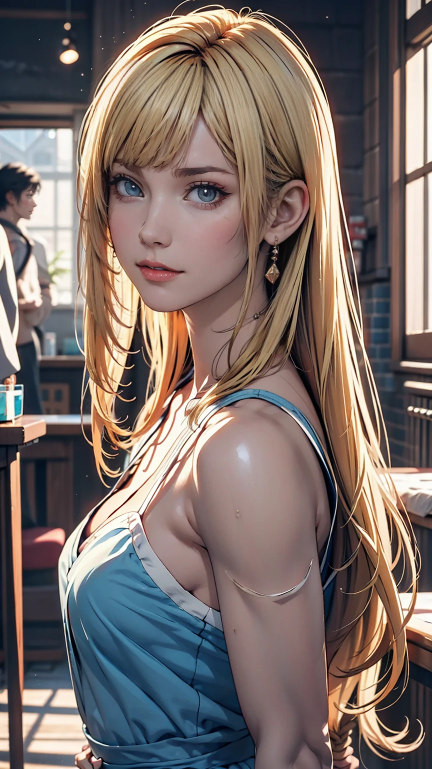 A blonde woman with long hair and a blue dress is posing for a photo, Realistic anime art style, Photorealistic anime girl rendering, Smooth anime CG art, Anime realism style, Realistic art style, realistic young anime, Gorgeous digital painting, Realistic Anime 3D Style, Beautiful anime portraits, Realistic anime art style, Close-up character portraits, 3D Anime Real, Anime style portrait