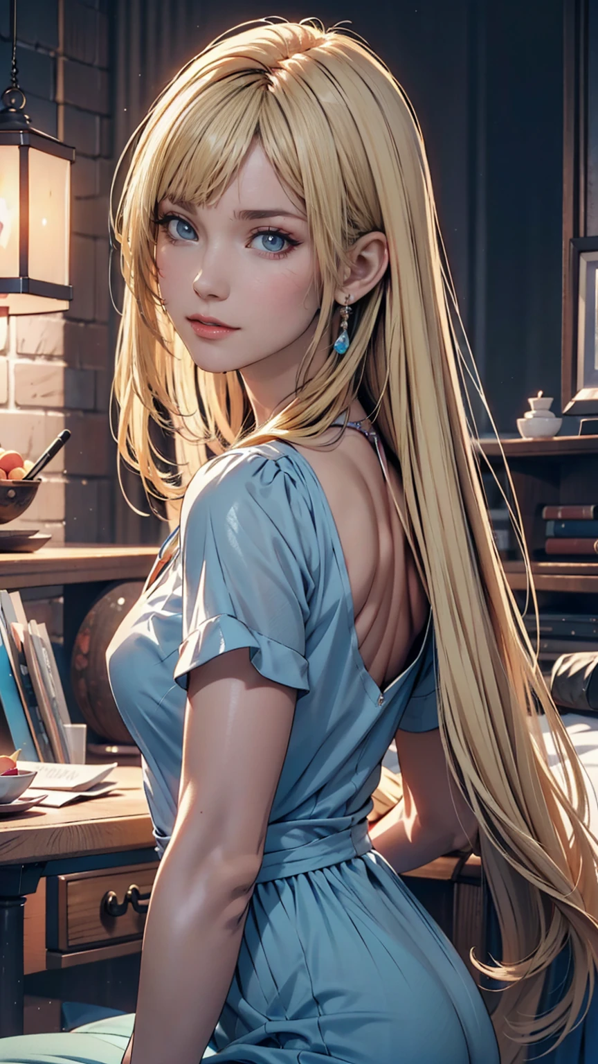 A blonde woman with long hair and a blue dress is posing for a photo, Realistic anime art style, Photorealistic anime girl rendering, Smooth anime CG art, Anime realism style, Realistic art style, realistic young anime, Gorgeous digital painting, Realistic Anime 3D Style, Beautiful anime portraits, Realistic anime art style, Close-up character portraits, 3D Anime Real, Anime style portrait