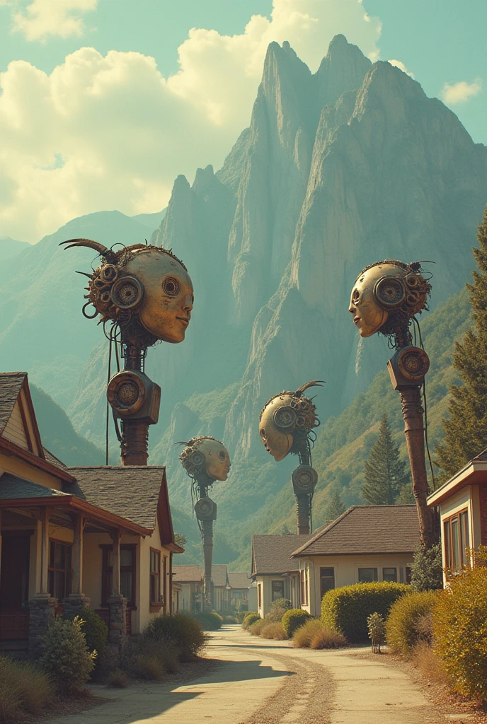a group of creature with head made of gears, mountain and houses on the background, 1960s neighborhood, pastel colors, surreal atmosphere, dreamcore, raw photo, film grain, drone shot, shot using 1960s camera