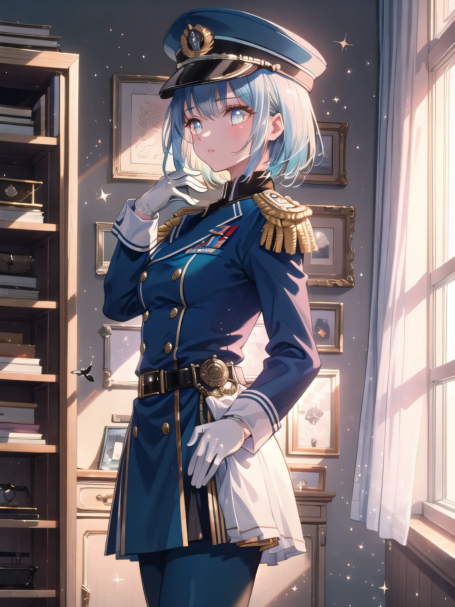 ((8k, Highest quality, masterpiece: 1.3)),Ultra-high resolution,(1 girl, alone), (Color changing eyes, Ultra-detailed, Expressive brilliance, Glitter, Glowing Eyes), Highly detailed eyes, Highly detailed face, Random Hair, ((pastel colour)),A confident young woman with pastel blue hair styled in a sleek bob, standing in front of her wardrobe in her neatly organized room. It’s late afternoon, and the golden light filters in, casting soft shadows across the space. She is dressed in a military officer cosplay, wearing a tailored navy-blue uniform with gold epaulettes, white gloves, and a peaked cap. The camera captures her from a low angle as she adjusts her gloves, her expression determined and poised. Her room is decorated with military-themed posters, a model airplane on her desk, and a collection of medals displayed on a shelf, reflecting her interest in historical cosplay.