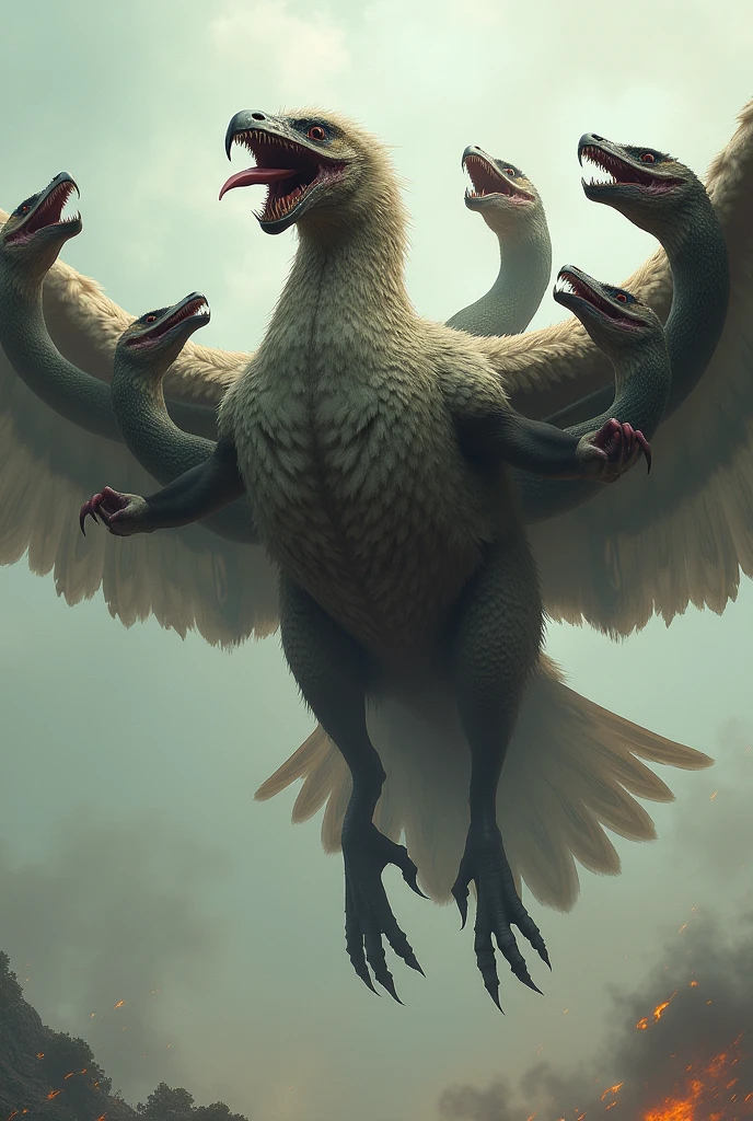 A monster flying bird with seven heads. It's very scary. The background is plain.