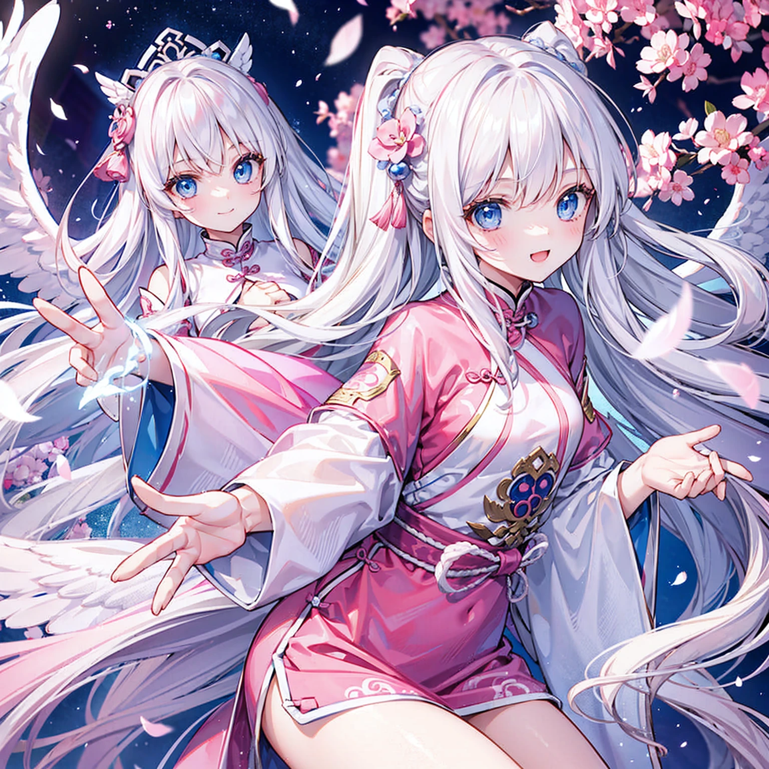 A girl with long white hair and blue eyes、19 years old、Angel wings on the back、Pink china clothes、Kung Fu Pose、Smiling