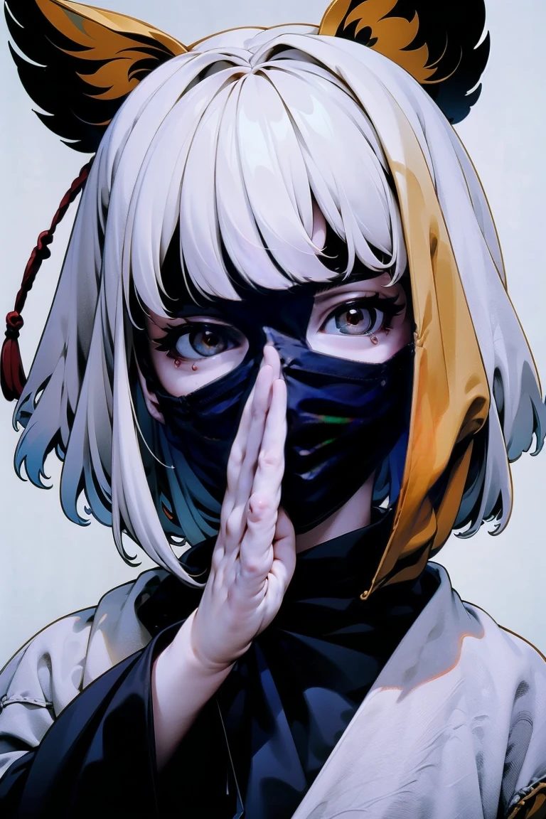 (Highest quality)), ((masterpiece)), (detailed), She is wearing a mask that covers her entire face,Hair is white hair,Her true face cannot be seen,It is unknown what expression she is making,No Background,white background,model,vtuber,girl,boy,
,kitsune-mask,covered face,