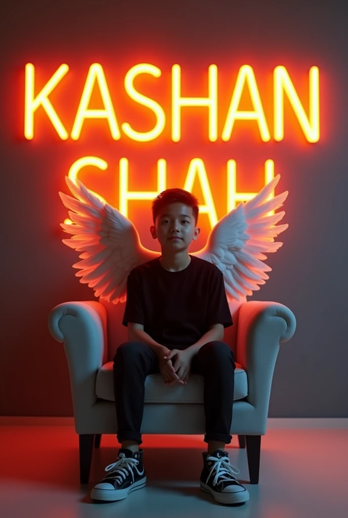 Create a 3D illusion for a profile picture where a  cute boy in a black shirt Sitting casually on a Wingback chair . Wearing sneakers, he looks ahead . The background features "KASHAN SHAH" in big and capital Orange neon light fonts on the dark grey wall . There should not be his shadow, and there are wings to make it appear as if he is an angel