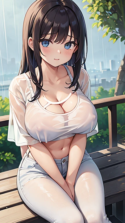 (((See-through bra))), Tight white t-shirt,Cleavage,tight white t-shirt, denim, Outdoor, Sit on a bench, rain, Very large breasts,Top View
