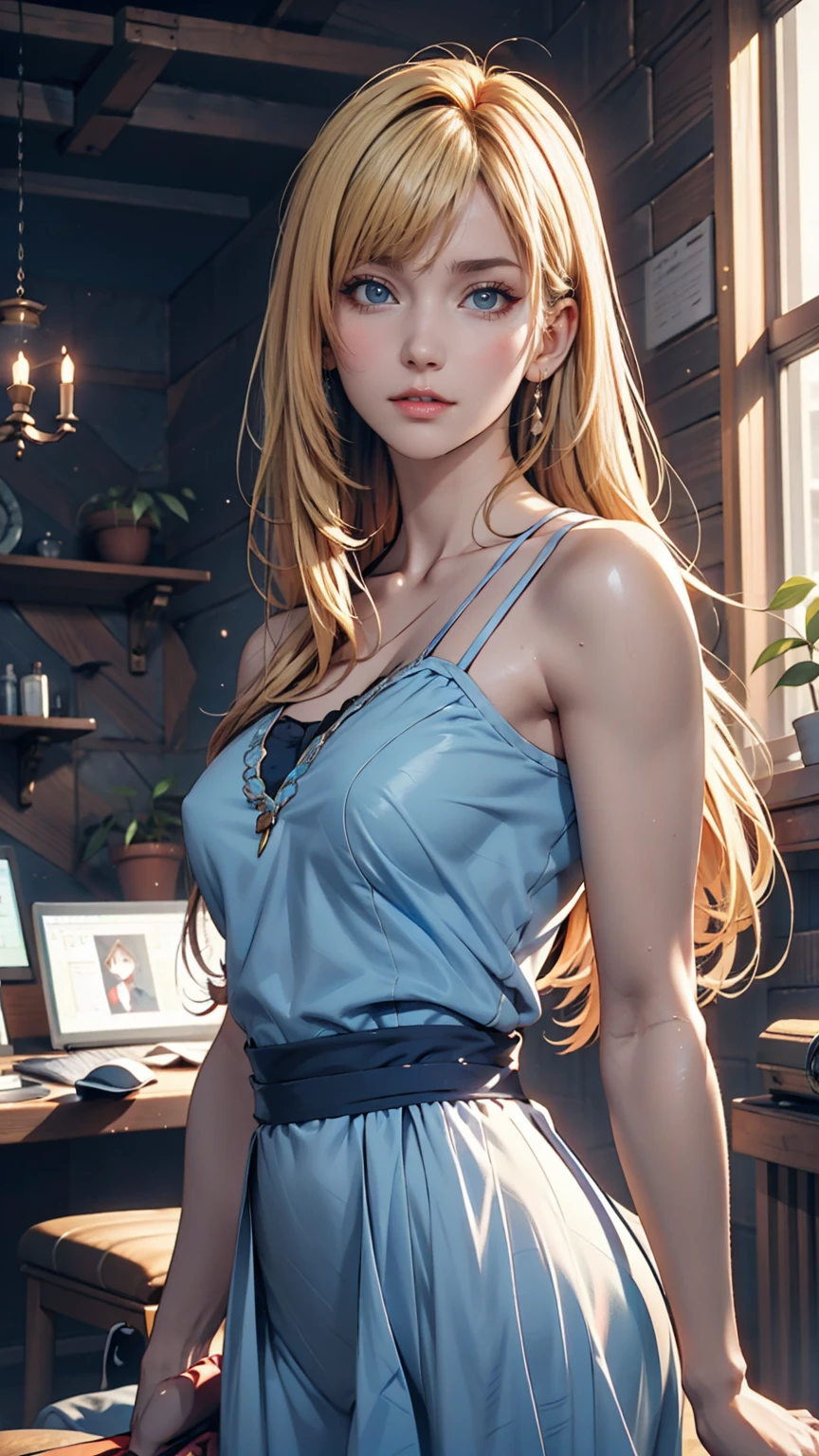 A blonde woman with long hair and a blue dress is posing for a photo, Realistic anime art style, Photorealistic anime girl rendering, Smooth anime CG art, Anime realism style, Realistic art style, realistic young anime, Gorgeous digital painting, Realistic Anime 3D Style, Beautiful anime portraits, Realistic anime art style, Close-up character portraits, 3D Anime Real, Anime style portrait
