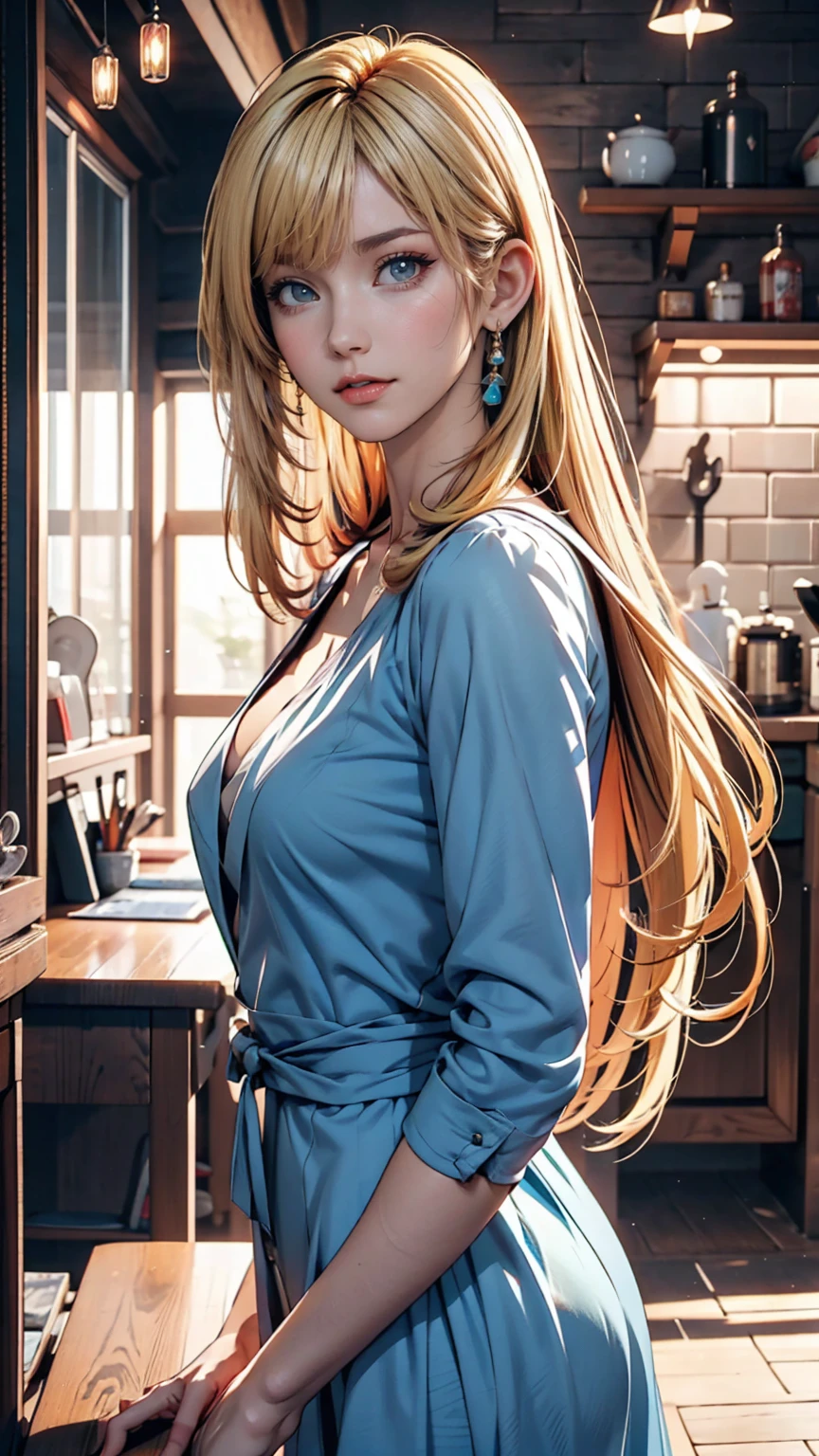 A blonde woman with long hair and a blue dress is posing for a photo, Realistic anime art style, Photorealistic anime girl rendering, Smooth anime CG art, Anime realism style, Realistic art style, realistic young anime, Gorgeous digital painting, Realistic Anime 3D Style, Beautiful anime portraits, Realistic anime art style, Close-up character portraits, 3D Anime Real, Anime style portrait