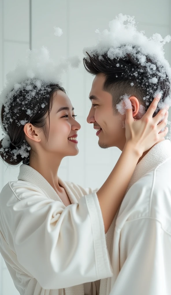 Create an Asian beauty and an Asian handsome man,Regular facial features,They were each wearing white silk bathrobes,They are washing their hair with both hands on top of their heads,There is a lot of foam and water on the head,Foam wrap head,Real bubbles,Open your eyes,The expression is happy,The characters are realistic and realistic,Pure white bathroom background,Character front position,9:16 frames,Ultra-high-definition picture quality
