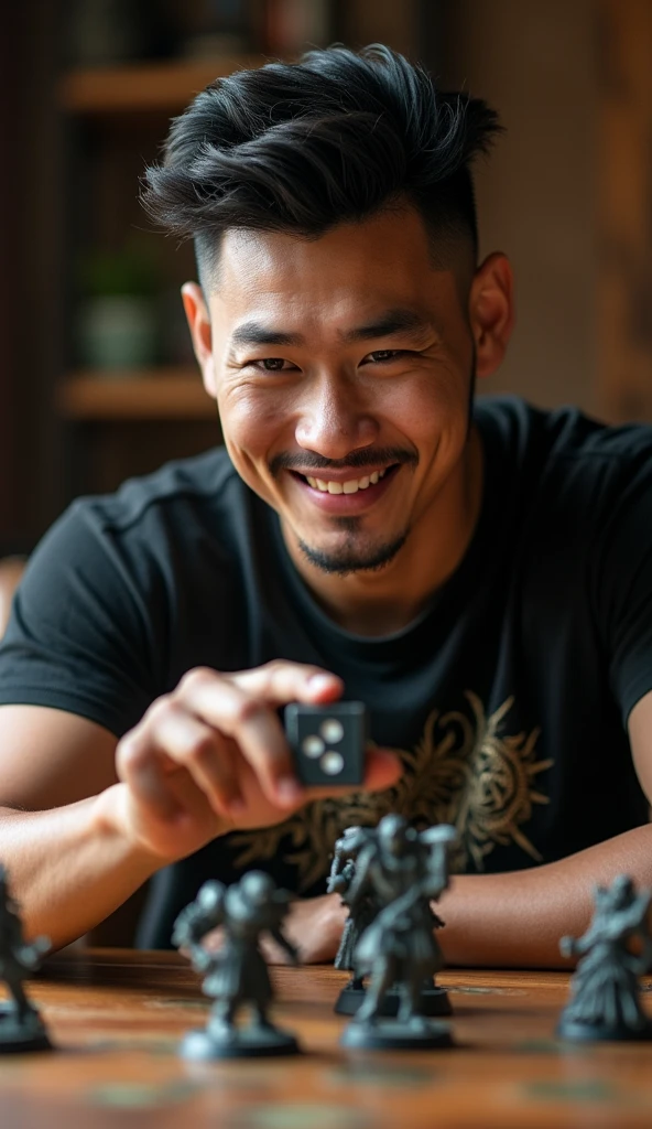 photorealistic, best quality, masterpiece, extremely detailed, front view, extremely handsome, 30 year old borneo man, round face, muscular bodybuilder, clean-shaven face, wearing rockband tshirt, holds up high a warhammer miniature and looks at it closely, smile, two d6 dice and well-painted warhammer miniatures mid-game on the table, extremely romantic atmosphere, perfect face, perfect fingers, perfect hands, perfection