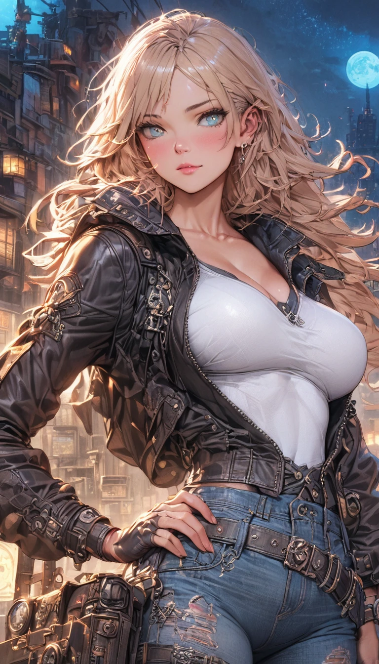 best quality,4k,8k,highres,masterpiece:1.2),ultra-detailed, extremely detailed eyes, extremely detailed body, (large masterpiece digital art), (detailed manga illustration), (detailed line art), ((perfect anatomy)), (intricate details:1.3), (ultra-detailed:1.3), (illustration:1.3), (sharp focus:1.3), (natural lighting:1.05), (vivid colors:1.3), (masterpiece), (best quality:1.4), (perfect anatomy:1.4), high quality, expressive eyes, full body, detailed face, beautiful face, perfect face, 1 girl, muscular, tall girl, large breasts, long hair, light brown hair, straight hair, low ponytail, detailed hair, ((casual clothes)), grey t-shirt, (vest), open vest, (blue pants), denim pants, pale skin, aquamarine eyes, splash art, curvy, black combat boots, cinematic lighting, dramatic atmosphere, Atey Ghailan, Jeremy Mann, Greg Manchess, Antonio Moro, trend in ArtStation, trend in CGSociety, Intricate, High Detail, Sharp focus, dramatic and photorealistic painting art by Midjourney and Greg Rutkowski, Jeff Bridges, ((cartoon style)), Marvel Cinematic Universe style, (((Night sky in the background))),