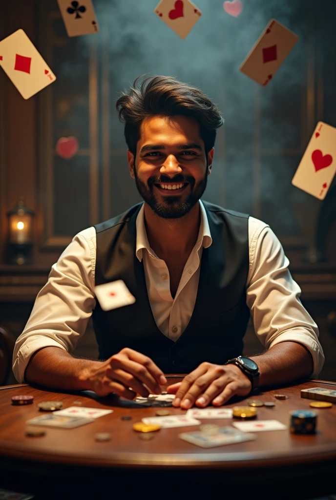 A slightly overhead shot,(best quality, high resolution, HDR, Practical), Bright colors, Extremely detailed description, (Concept Artist), a handsome Indian guy,floating retro playing cards,Dramatic visuals,an antique Indian wooden table,The impact of the background,Paper money coins chips,vintage poker coins, Smoky room, Dim Lights, Happy expression, Happy smile,(portrait:1.1) ,