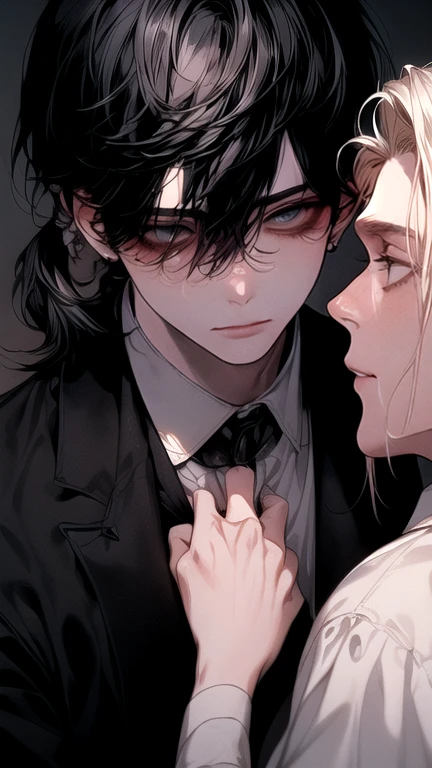(Masterpiece), (Best Quality), Very detailed, (( Threesome guy)), Perfect Face, Beautiful Face, Very detail, (short Black-haired man), (long ponytail blonde-haired man), (mid dark-haired man)、white shirt and Black suit, chocolate, long eyelashes, shining, effection, open shirt, teased,