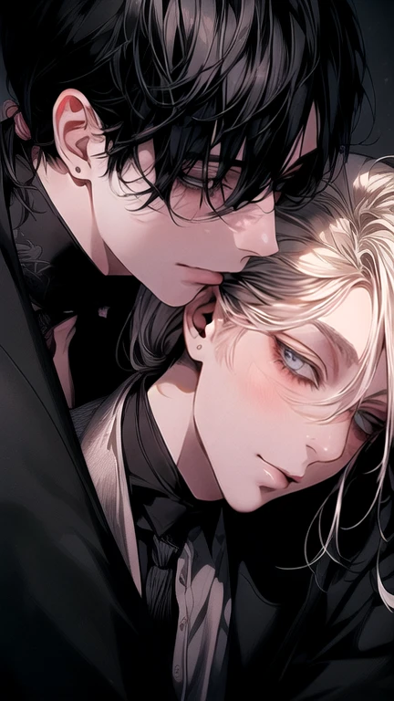(Masterpiece), (Best Quality), Very detailed, (( Threesome guy)), Perfect Face, Beautiful Face, Very detail, (short Black-haired man), (long ponytail blonde-haired man), (mid dark-haired man)、white shirt and Black suit, chocolate, long eyelashes, shining, effection, open shirt, teased,