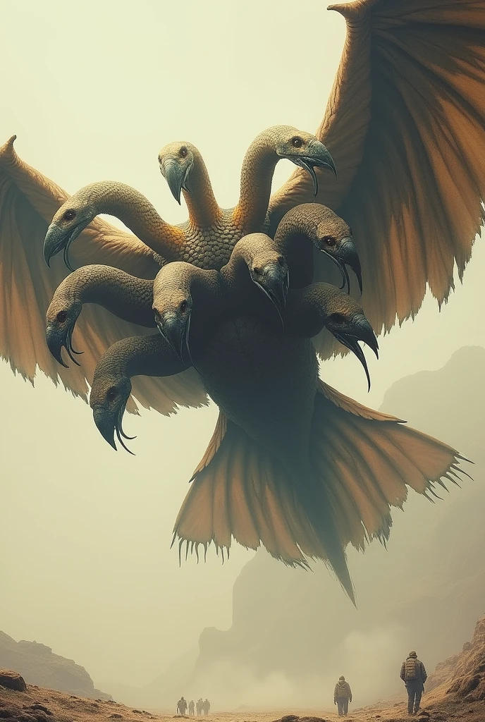 A monster flying bird with seven heads. It's very scary. Its style is vintage. The background is plain.