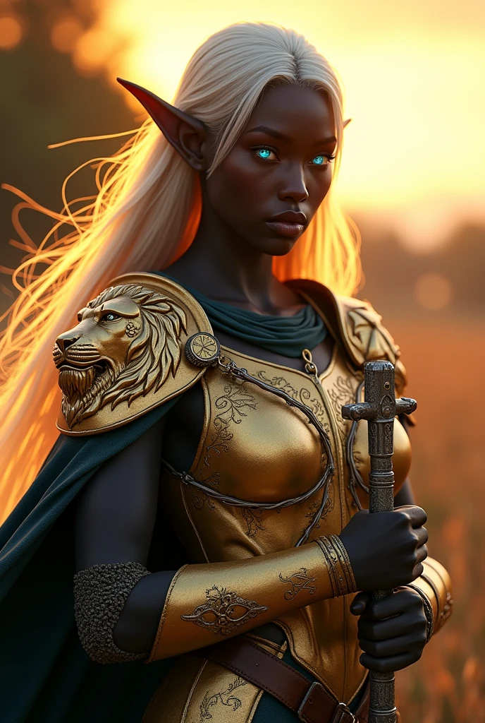 create epic awesome aesthetic Photo of female Wood elf Paladin Alfonso Azpiri Styles, long platinum Blonde hair flowing with the wind,((dark black ebony skin)), wearing intricate legendary ornamented Golden Wood elf assassin armor,holding epic twohanded Holy Warhammer , (Lion Face pauldron), cape, tabard, cybernetic attachment details, glowing Blue eyes,looking to viewer, closed fists,Sunset,Golden Hour, Godrays, scifi,Photorealistic, Hyperrealistic, Hyperdetailed, analog style, detailed skin, matte skin, soft lighting, subsurface scattering, realistic, heavy shadow, masterpiece, best quality, ultra realistic, 8k, golden ratio, Intricate, High Detail, film photography, soft focus