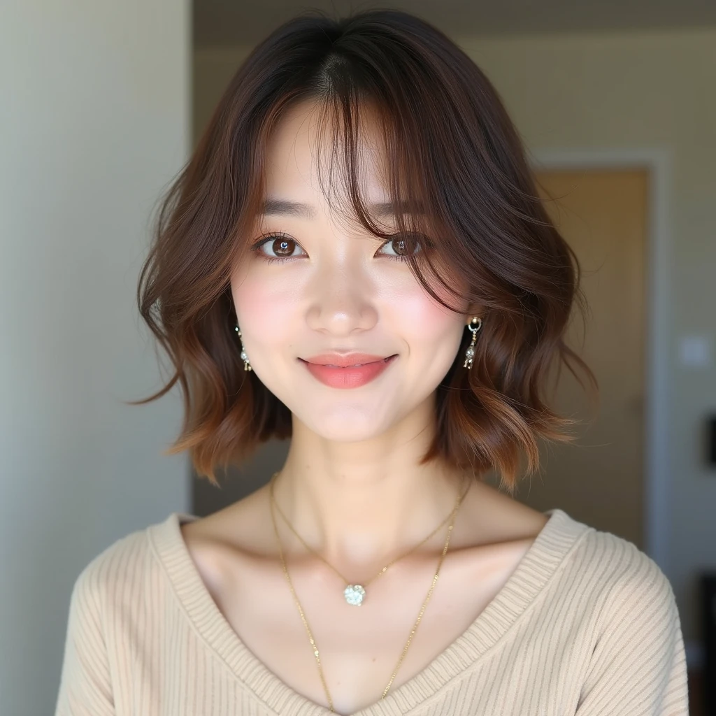Natural Makeup、Cool Beauty、Japanese、Thready hair、looking at the camera、Earrings、necklace、Beige sheer material、Neat tops、Brown beige hair color、Patsunbob、Tapered ends、Slightly bouncy ends、Wolf Cut、