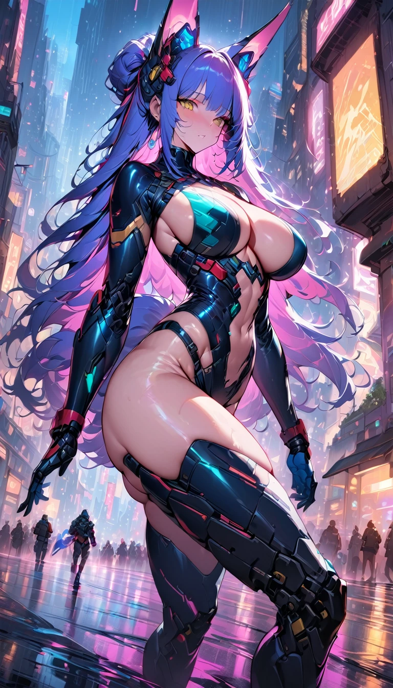 best quality,4k,8k, highres, masterpiece:1.2), extremely detailed eyes, extremely detailed body, (large masterpiece digital art), (detailed manga illustration), (detailed line art), ((perfect anatomy)), (intricate details:1.3), (ultra-detailed:1.3), (illustration:1.3), (sharp focus:1.3), (natural lighting:1.05), (vivid colors:1.3), (masterpiece), (best quality:1.4), (perfect anatomy:1.4), high quality, expressive eyes, full body, tall girl, detailed face, beautiful face, perfect face, breasts, gloves, large breasts, cyberpunk, (black armor), azure armor, long hair, ((tanned skin)), straight hair, detailed (ash gray hair), detailed eyes, (yellow eyes), fox ears, fox tail, hourglass physique, mecha musume, fortified suit, mechanical parts, headgear, robot joints, bodysuit, deva battle suit, gloves, thick thighs, toned, emblem, superhero, dynamic lighting, 4k resolution, dynamic pose, weapon, energy weapon portrait, Jeff Bridges, ((cartoon style)), Marvel Cinematic Universe style, (((alien city in the background))), soft bokeh of futuristic city, Atey Ghailan, Jeremy Mann, Greg Manchess, Antonio Moro, trend in ArtStation, trend in CGSociety, Intricate, High Detail, Sharp focus, dramatic and photorealistic painting art by Midjourney and Greg Rutkowski, bokeh in the background