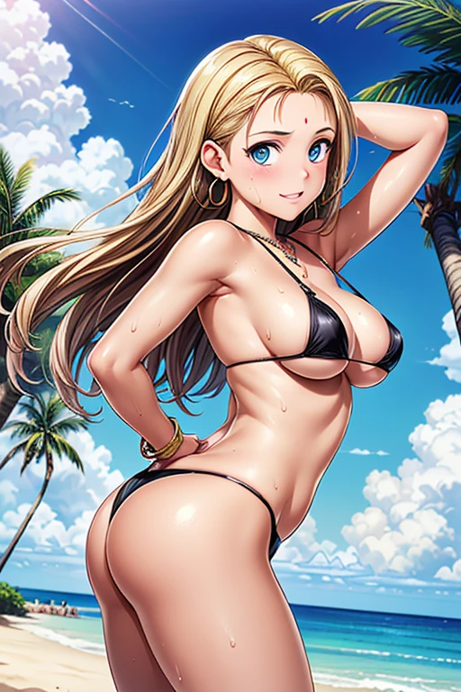 #Basic
A girl posing for a photo, (((One Girl))), (((Baby Face:1.4)) + ((cute:1.4)) + ((s old))),
break
#Clothing Accessories
((Black Micro Bikini:1.4)) + white high heel sandals,
(Gold Hoop Earrings), (gold fancy bracelet), (A necklace studded with many precious stones),
break
#Features
((Blonde:1.2)) + ((The forehead is visible + Slicked Back Bangs:1.4)) + ((Long Hair) : Long Hair + Curly hair + Outer bounce + Disheveled Hair:1.4),
((drooping eyes:1.4, Big eyes:1.2), blue eyes), (Small breasts + Flat chest), (中立的な顔のFeatures),
((sensuous:1.5)),
break
#background environment
((noon, (Sunny tropical beach:1.1), ((blue sky)))),
#Facial Expression Pose
((blush:1.2, smile, Open your mouth:1.1)), ((A pose standing strongly on both legs、Hands clasped behind the head with armpits visible, Sweating in the body, look back)),
#composition
((To the camera), (Angle from behind), (Character Focus), (Cowboy Shot)),
break
#Body parts elements
(Slim figure),
(Symmetrical facial features),
(Detailed Hair, Beautiful Hair, Shiny Hair),
(double eyelid, Long eyelashes, Thin eyebrows:0.5, Thin eyebrows:0.5),
(Expression of fine eyes, Beautiful and delicate eyes, Sparkling eyes, Eye Reflexes, Glitter Eyeliner),
(Human Ear),
(Beautiful Nose, Thin Nose),
(Glossy Lips, Beautiful Lips, Thick lips),
(Detailed skin, Textured skin, Beautiful Skin, Oily skin),
break
#quality
(((最高quality)), ((masterpiece:1.3)), ((Very detailed))), ((Ultra-high resolution)), ((16K)), ((1080P)), ((Full HD)),
((Anatomically correct)), ((Realistic)), (3DCG), ((Oil painting)),
((comics, anime)), (CG illustration), (RAW Photos),