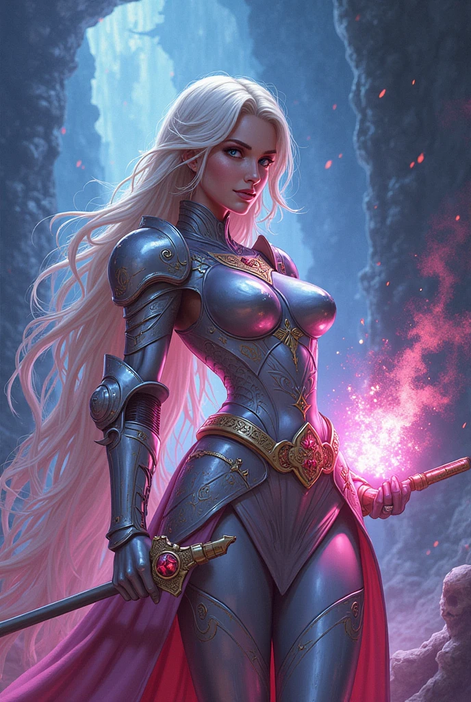 animation comic if a fantasy female paladin knight was a car, incorporate feminine motives and design, magical effects 
