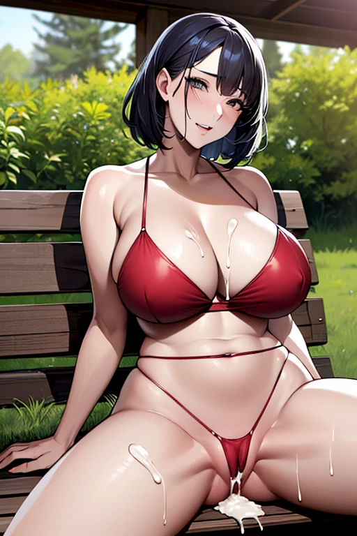 (A 45 years old mommy MILF spreading her legs wide open while sitting on a bench and squirting cum from her exposed pussy: 1.6), hairy pubic hair, whore allusive face, moaning with open mouth, (giant tits and giant cleavage: 1.6), brown bob cut hair, blue eyes, slingshot bikini, palm beach