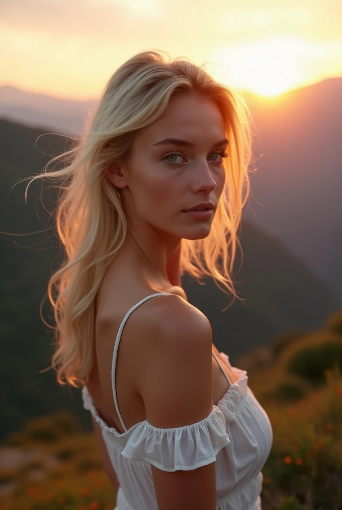 Belle fille européenne aux blue eye et aux cheveux blonds, in the mountains dressed lightly but not too lightly for the mountains, looking into the distance during a sunset, photo de derrière, showing her ass, ultra high resolution, (Photorealistic: 1.4), high resolution , (finely detailed skin), (blue eye), (Des proportions parfaites) (Realistic photos) (head of&#39;artwork) (Photorealistic), Ultrarealistic (best quality) (detailed) Photographié avec un Canon EOS R5, objectif 50 mm, F/2.8, (8k) (Background&#39;screen) (Cinematic lighting) (Dramatic lighting) (complexe) vogue. 