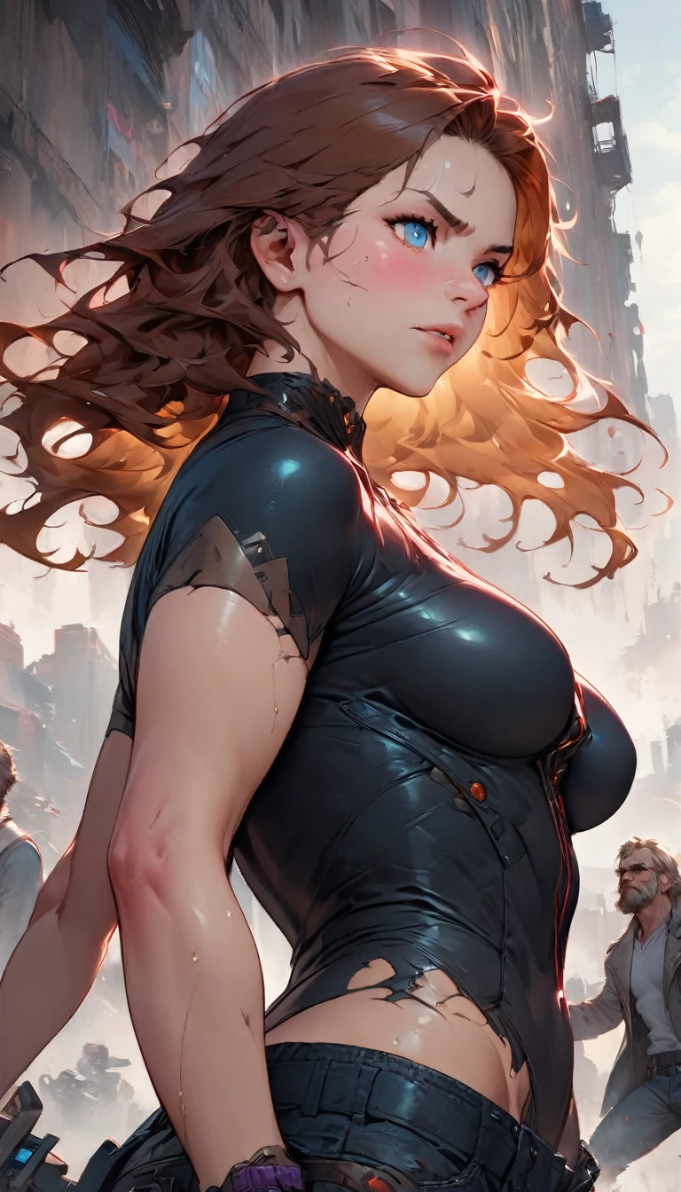 best quality,4k,8k,highres,masterpiece:1.2),ultra-detailed, extremely detailed eyes, extremely detailed body, (large masterpiece digital art), (detailed manga illustration), (detailed line art), ((perfect anatomy)), (intricate details:1.3), (ultra-detailed:1.3), (illustration:1.3), (sharp focus:1.3), (natural lighting:1.05), (vivid colors:1.3), (masterpiece), (best quality:1.4), (perfect anatomy:1.4), high quality, expressive eyes, full body, detailed face, beautiful face, perfect face, (((1boy))), angry, (((male focus))), muscular, detailed messy hair, long hair, brown hair, blue eyes, t-shirt, jean pants, sneakers, cinematic lighting, dramatic atmosphere, Atey Ghailan, Jeremy Mann, Greg Manchess, Antonio Moro, trend in ArtStation, trend in CGSociety, Intricate, High Detail, Sharp focus, dramatic and photorealistic painting art by Midjourney and Greg Rutkowski, Jeff Bridges, ((cartoon style)), Marvel Cinematic Universe style, (((ruined city in the background))),