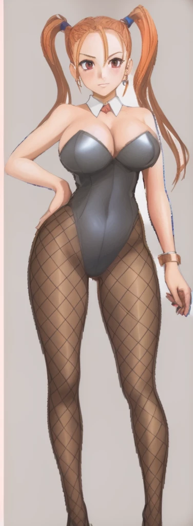 Jessica, with her large breasts, beautiful legs, and twintails, is standing with her hands on her hips, wearing a black high-cut bunny suit and fishnet tights.。