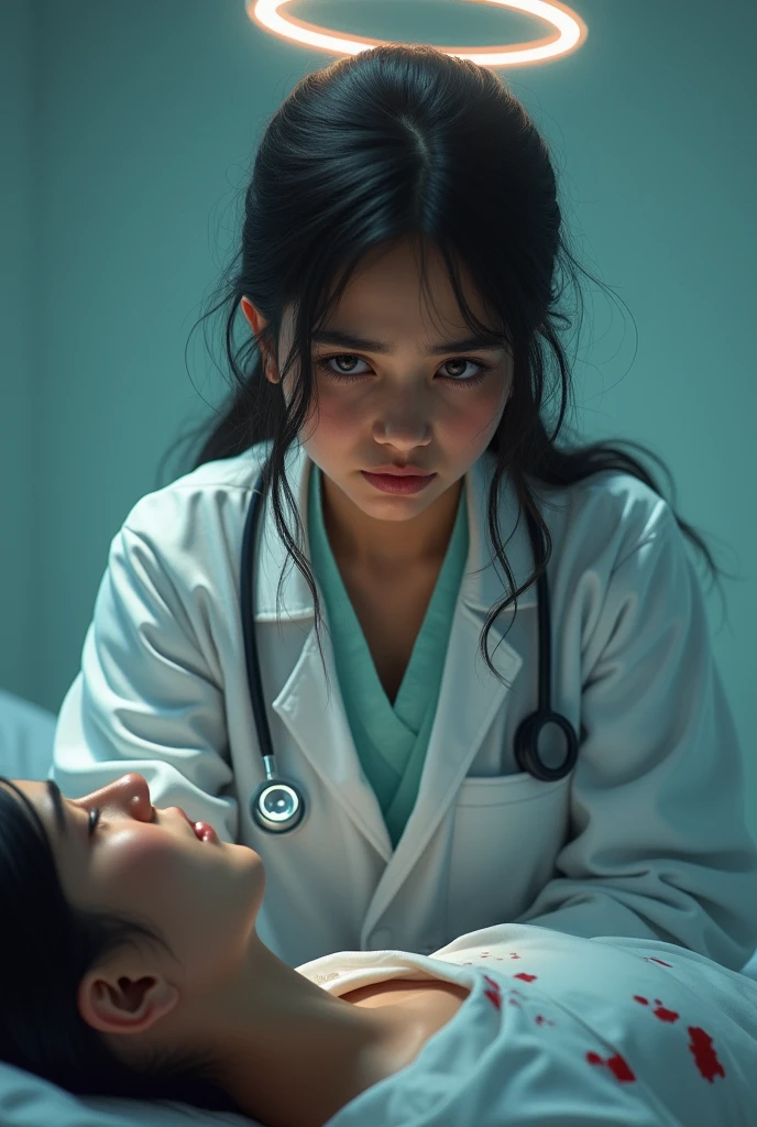 Indian, innocent, Female Doctor, angel, crying, tears, blood, injured, frown , sethocsope, white coat.