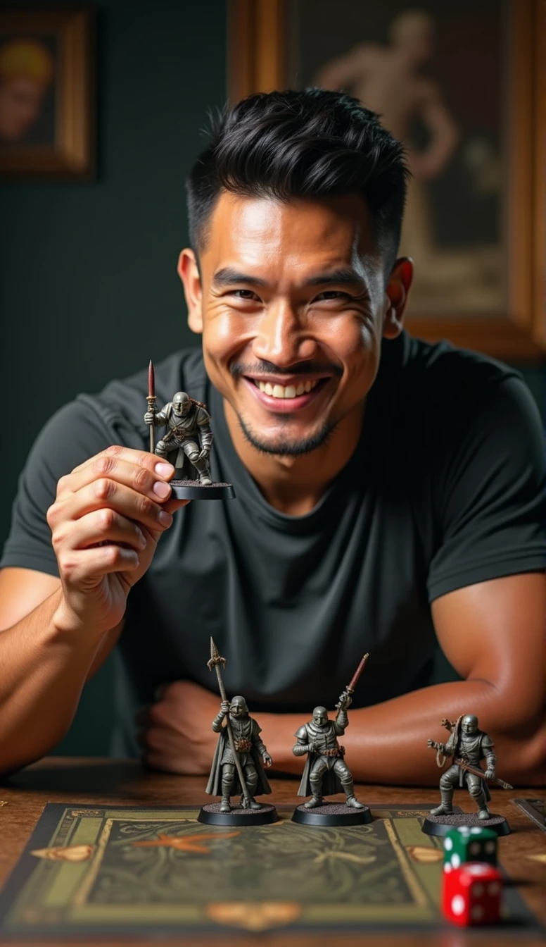 photorealistic, best quality, masterpiece, extremely detailed, front view, extremely handsome, 30 year old borneo man, round face, muscular bodybuilder, clean-shaven face, wearing rockband tshirt, holds up high a warhammer miniature and looks at it closely, smile, two d6 dice and well-painted warhammer miniatures mid-game on the table, extremely romantic atmosphere, perfect face, perfect fingers, perfect hands, perfection