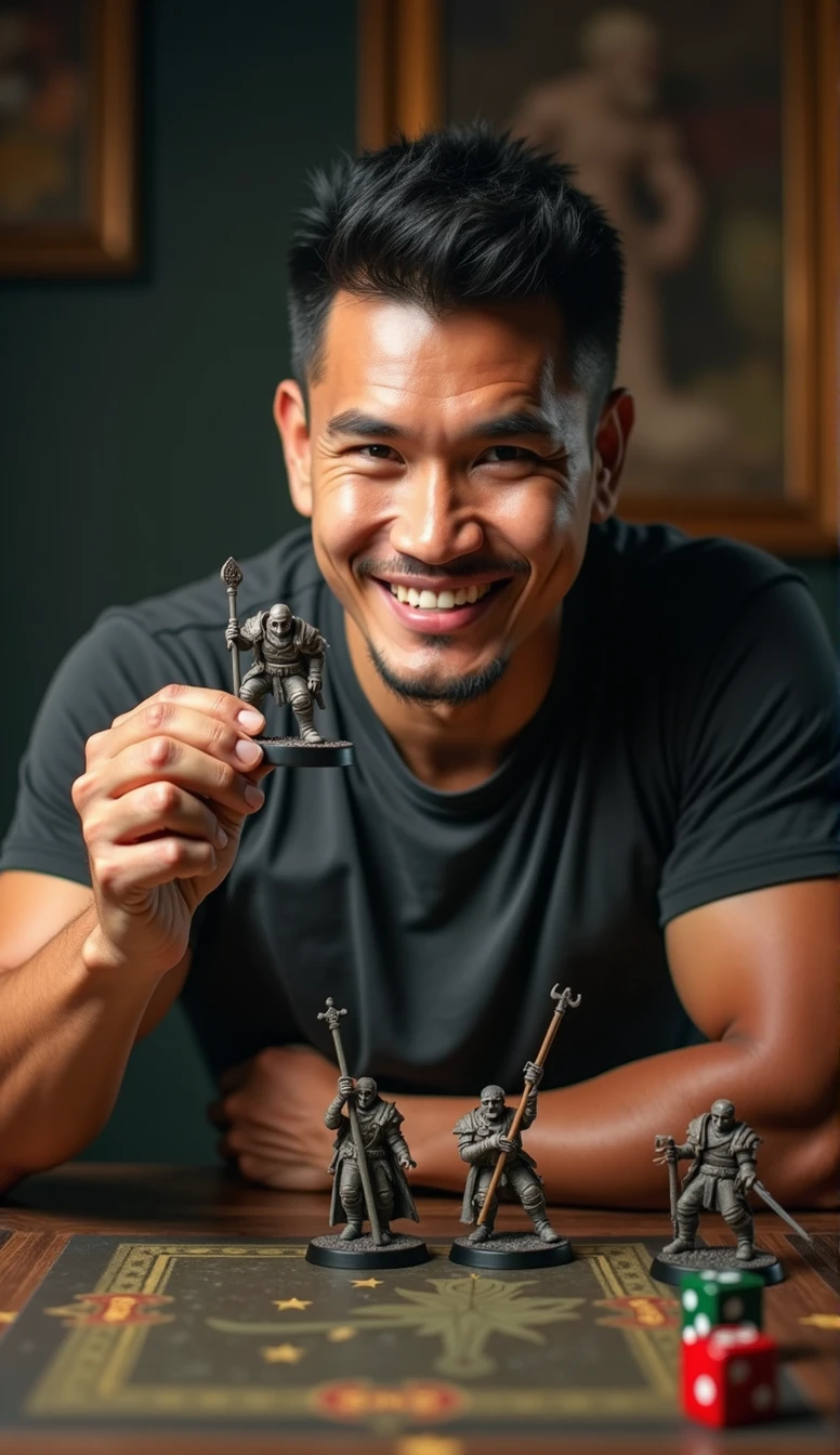 photorealistic, best quality, masterpiece, extremely detailed, front view, extremely handsome, 30 year old borneo man, round face, muscular bodybuilder, clean-shaven face, wearing rockband tshirt, holds up high a warhammer miniature and looks at it closely, smile, two d6 dice and well-painted warhammer miniatures mid-game on the table, extremely romantic atmosphere, perfect face, perfect fingers, perfect hands, perfection