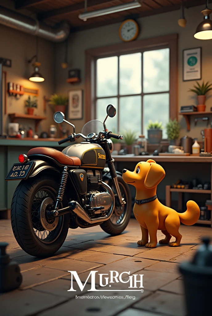 Create a realistic 4k logo of a workshop featuring a motorcycle and a small yellow male dog with short hair. At the bottom of the image, it should say MR..Morgan