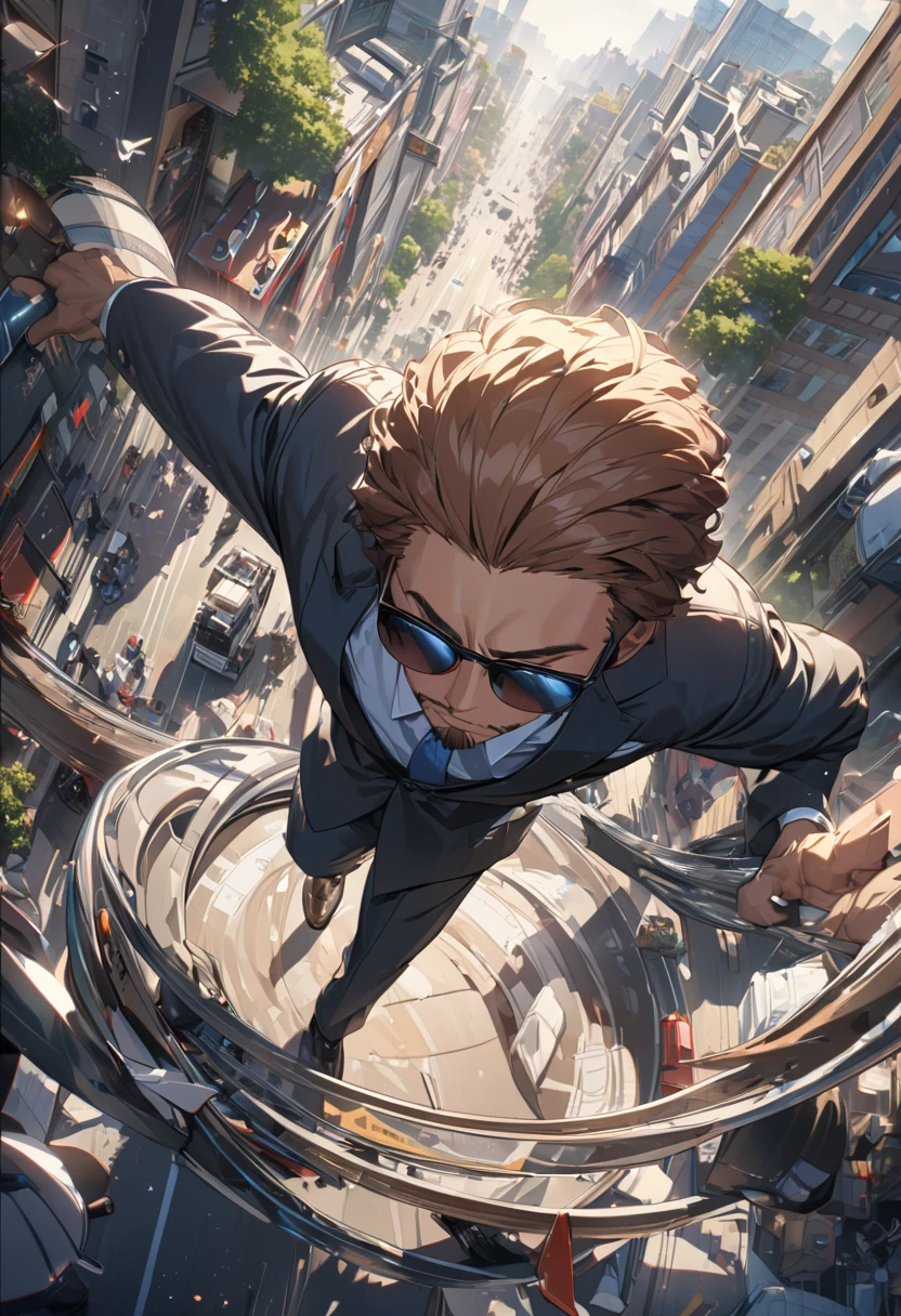 (a man, A man with an afro、Feelings of despair、sunglasses、beard、business suit)、Being run over by a truck、masterpiece, best quality, high quality, detailed, ultra detailed, hyper detailed, insanely detailed, exquisite, beautiful, Full-HD, 4K, 8k, 16K, aerial view, circle composition, sunlight, fast shutter speed, depth of field