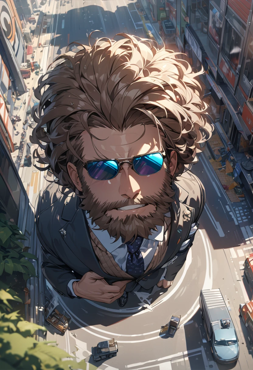 (a man, A man with an afro、Feelings of despair、sunglasses、beard、business suit)、Being run over by a truck、masterpiece, best quality, high quality, detailed, ultra detailed, hyper detailed, insanely detailed, exquisite, beautiful, Full-HD, 4K, 8k, 16K, aerial view, circle composition, sunlight, fast shutter speed, depth of field