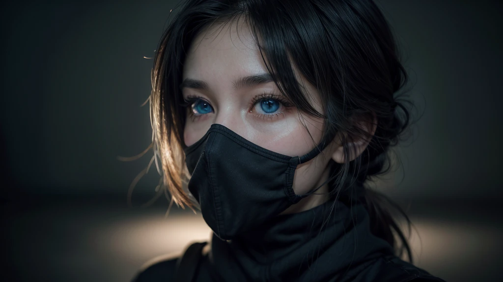 One woman, approximately 25 years old, in loose, lightweight black clothing, wearing a prominently visible balaclava. She has striking blue eyes, adding to the atmosphere. The woman is depicted from the waist up, in random, beautiful locations and in various natural poses. Her face and other visible parts of her body are rendered with maximum detail and high quality. The background and her pose are randomly generated, creating a unique and unpredictable scene with a sense of mystery and solitude. The image features soft, diffused lighting and a shallow depth of field, enhancing the overall mood.