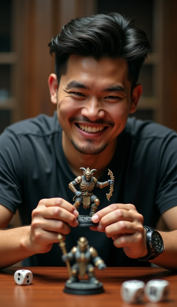 photorealistic, best quality, masterpiece, extremely detailed, front view, extremely handsome, 30 year old borneo man, round face, muscular bodybuilder, baby face, wearing rockband tshirt, holds up high a warhammer miniature and looks at it closely, smile, two d6 dice and well-painted warhammer miniatures mid-game on the table, extremely romantic atmosphere, perfect face, perfect fingers, perfect hands, perfection