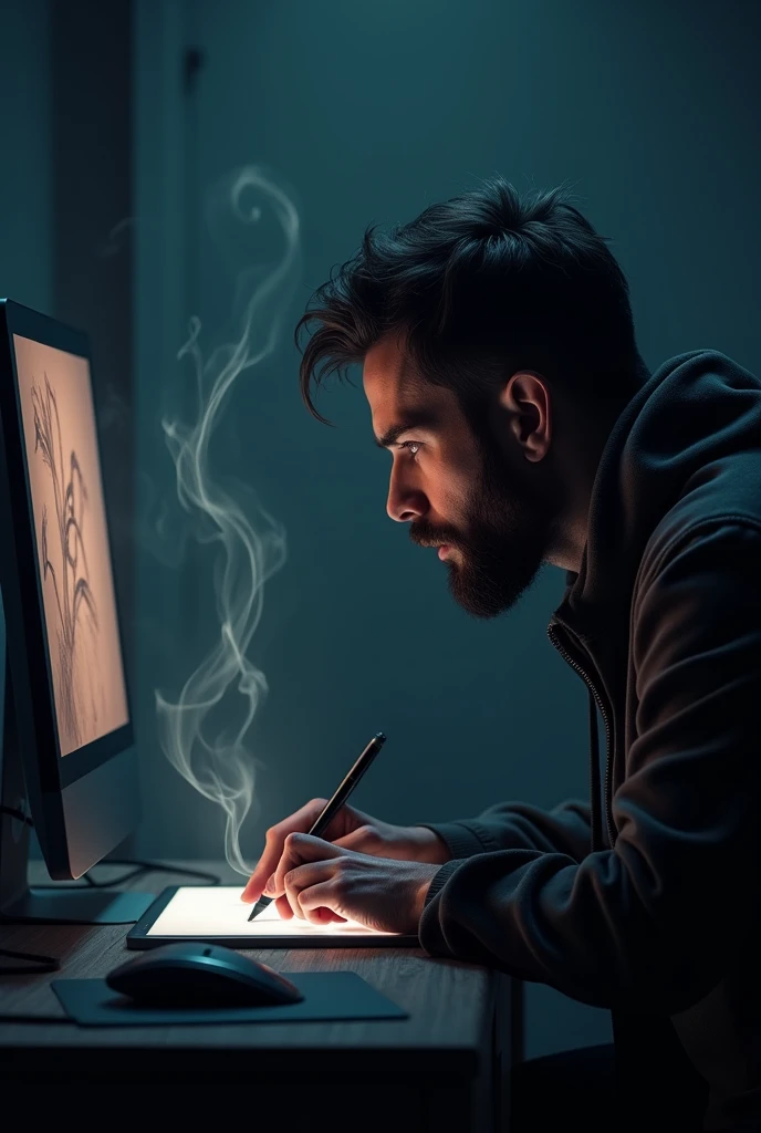 Man sitting at computer smoking drawing