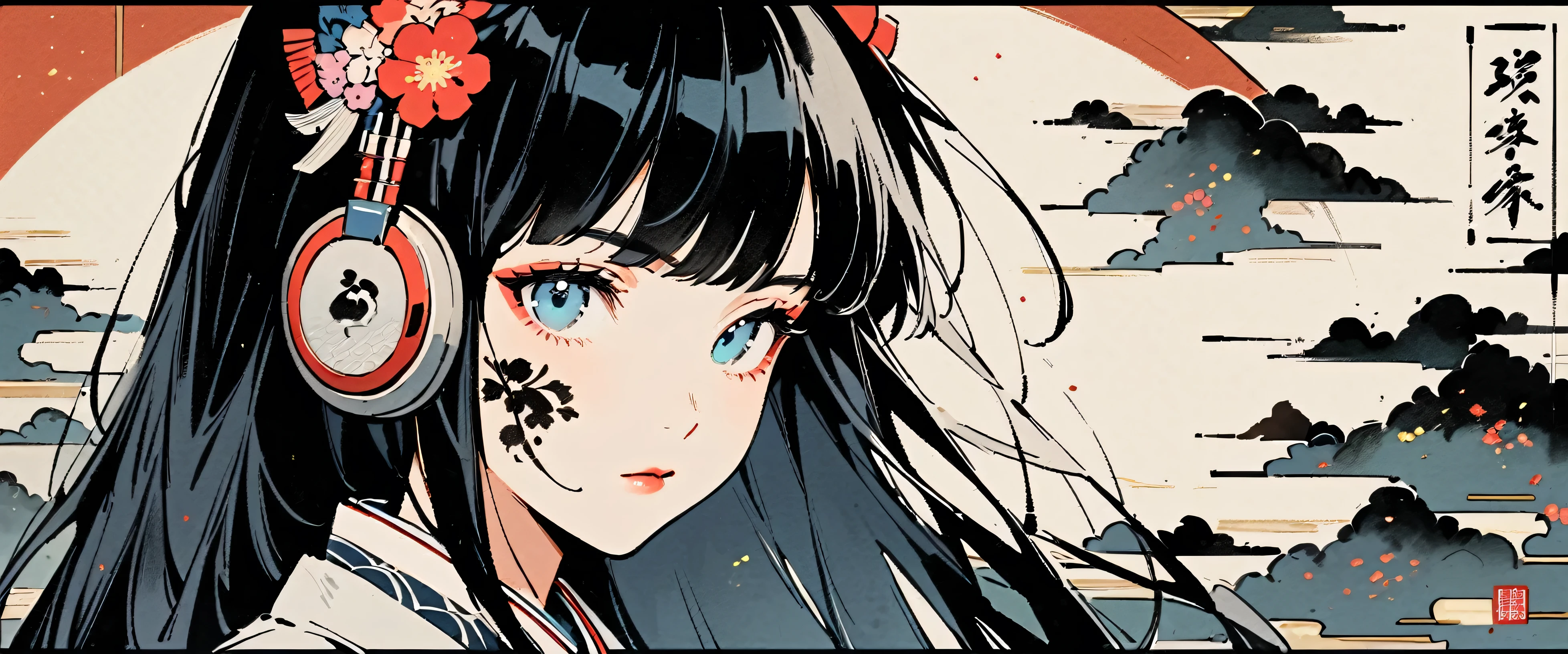 Ink Painting, (((1 girl))), (((Tattoo on face))), (((Gorgeous hair accessories))), Japanese style headphones, face close-up, Japanese beautiful girl, Black Hair, Delicate and precise, Modern ukiyo-e style