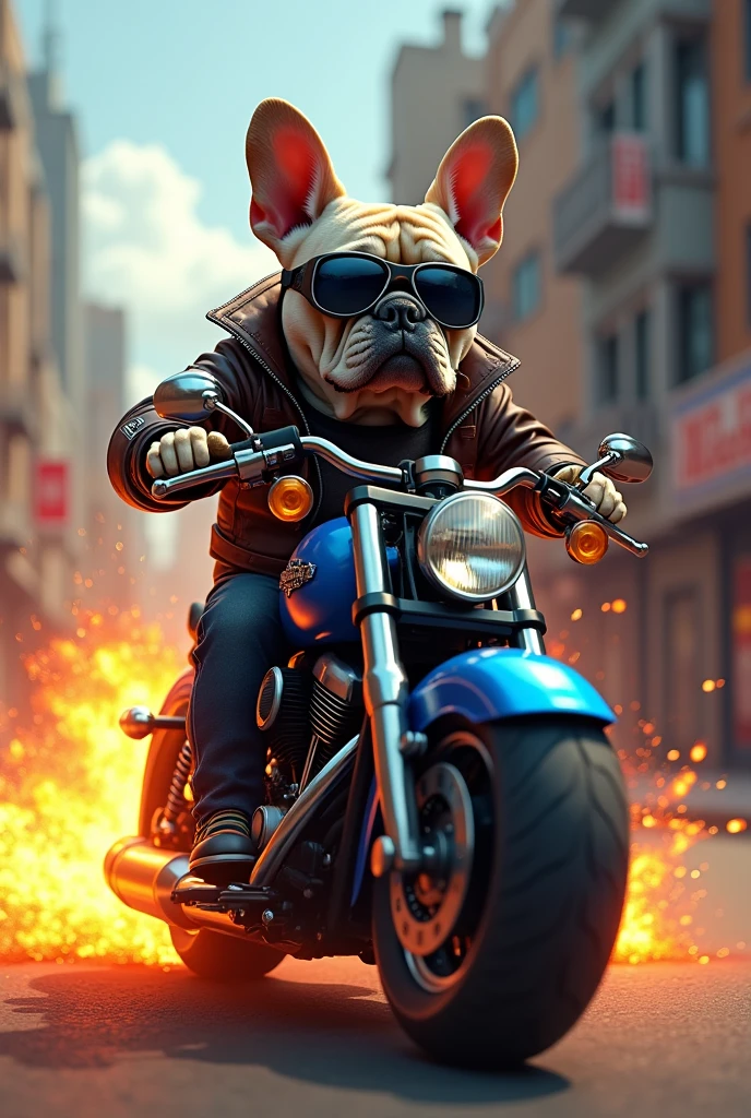 French bulldog biker on blue motorcycle tires on fire
