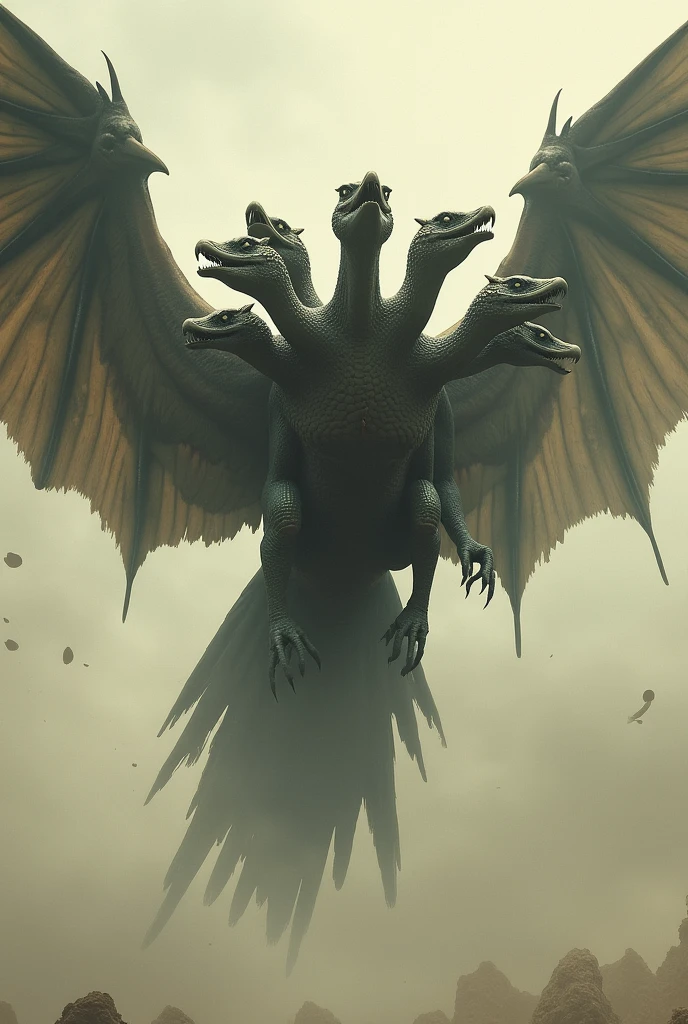 A monster flying bird with only seven heads. It's very scary. Its style is vintage. The background is plain.