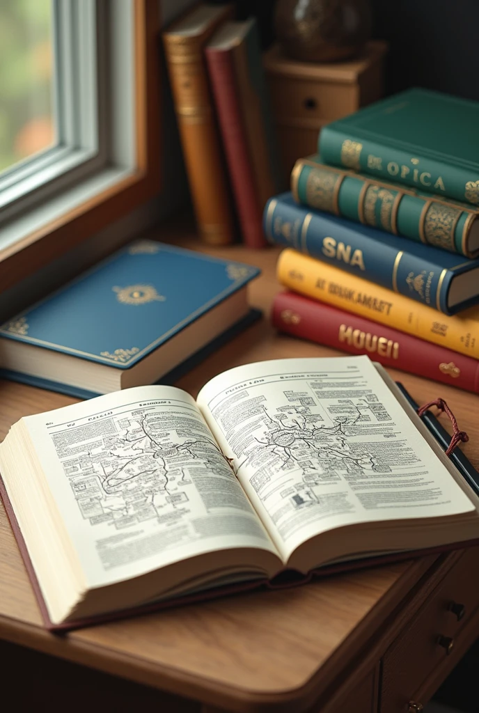 physic math biology and chemistry books on table, open copybook with mindmap