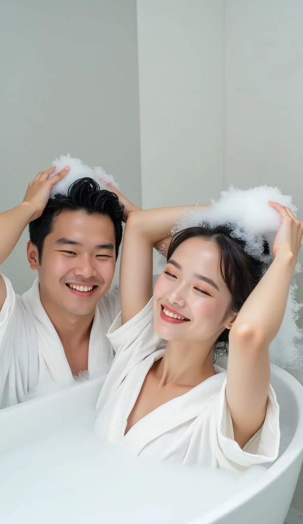 Create an Asian beauty and an Asian handsome man，Regular facial features，beautiful eyes，They were each wearing white silk bathrobes，They are washing their hair with both hands on top of their heads，There is a lot of foam and water on the head，Foam wrap head，Real bubbles，Open your eyes，The expression is happy，The characters are realistic and realistic，Pure white bathroom background，Character front position，9:16 frames，Ultra-high-definition picture quality