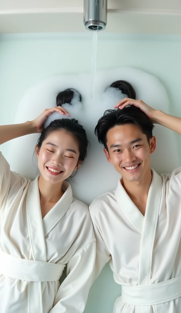 Create an Asian beauty and an Asian handsome man,Regular facial features,beautiful eyes,They were each wearing white silk bathrobes,They are washing their hair with both hands on top of their heads,There is a lot of foam and water on the head,Foam wrap head,Real bubbles,Open your eyes,The expression is happy,The characters are realistic and realistic,Pure white bathroom background,Character front position,9:16 frames,Ultra-high-definition picture quality