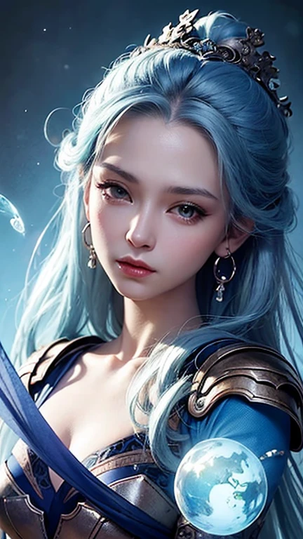 Close-up of woman in silver and blue dress, Chengwei Pan at Art Station, Jan J, Detailed fantasy art, Amazing character art, Fan Art Best Art Station, Magnificent and elaborate character art, Beautiful Armor, Highly detailed art gems, Detailed digital anime art, Art Station pixiv's artgerm, Girl in Armor