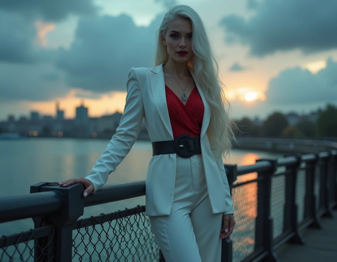 Very beautiful Slavic woman, pale skin, long hair, A Necromancer, light shadow effects, white trouser suit without unnecessary details, Red blouse, black wide leather belt, photo, crap, sun glare, Against the background of a metal bridge near the shore, water, The city, sun, sundown, Low storm clouds, indigo, photo, slight smile, body complet, sharp-focus, dynamic sexy pose, professional photograph the photo was shot on a Sony Alpha a7R IV camera and a Sony FE 85mm f/1.8 lens, aperture f/1.8, shutter speed 1/125s, ISO 800. swirling bokeh, sharp-focus, high skin detail, sharpness, Character portrait, perfect lighting, tmasterpiece, Detailed background, Movie Lighting, 8k