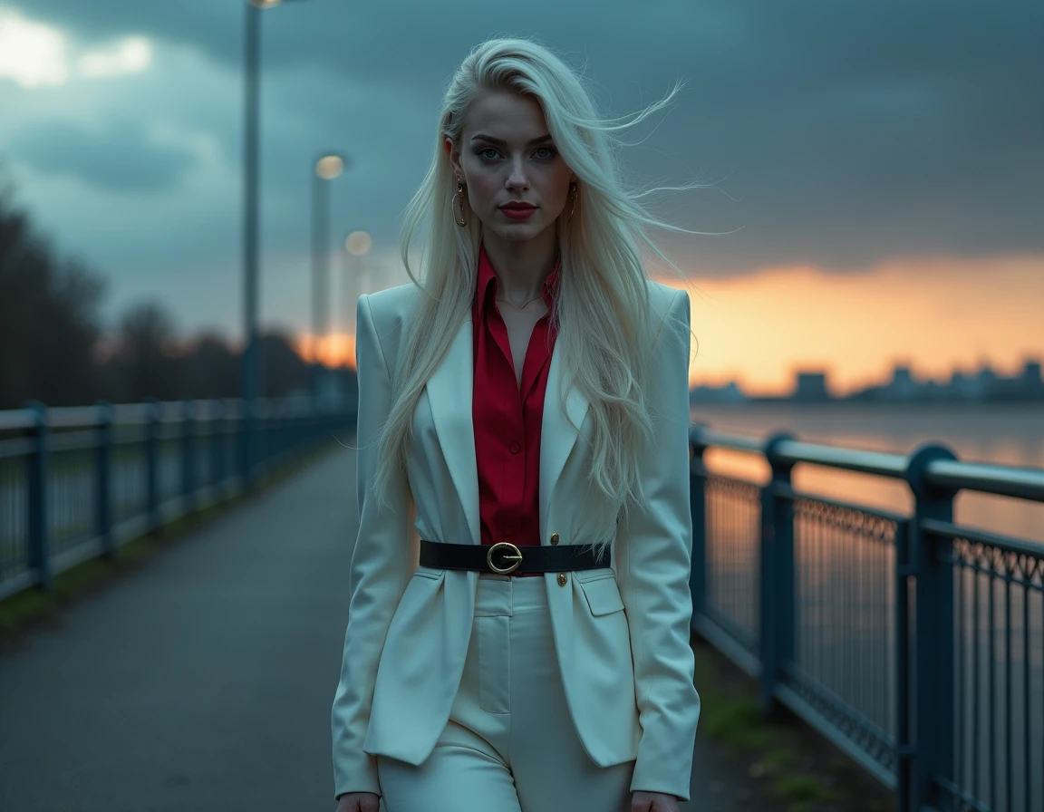 Very beautiful Slavic woman, pale skin, long hair, A Necromancer, light shadow effects, white trouser suit without unnecessary details, Red blouse, black wide leather belt, photo, crap, sun glare, Against the background of a metal bridge near the shore, water, The city, sun, sundown, Low storm clouds, indigo, photo, slight smile, body complet, sharp-focus, dynamic sexy pose, professional photograph the photo was shot on a Sony Alpha a7R IV camera and a Sony FE 85mm f/1.8 lens, aperture f/1.8, shutter speed 1/125s, ISO 800. swirling bokeh, sharp-focus, high skin detail, sharpness, Character portrait, perfect lighting, tmasterpiece, Detailed background, Movie Lighting, 8k