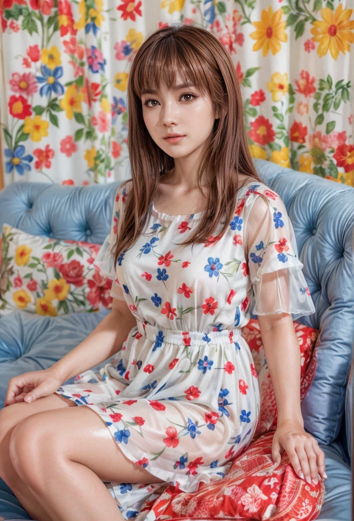 kasumi, eyes browns, (best qualityer, ultra detail), (realisitic:1.37), beautiful and detailed face, ultra-realisitic texture, Exquisite face, Delicate body, red lipgloss stick, shiny colors. High definition, 8k, expression a slight cute smile.