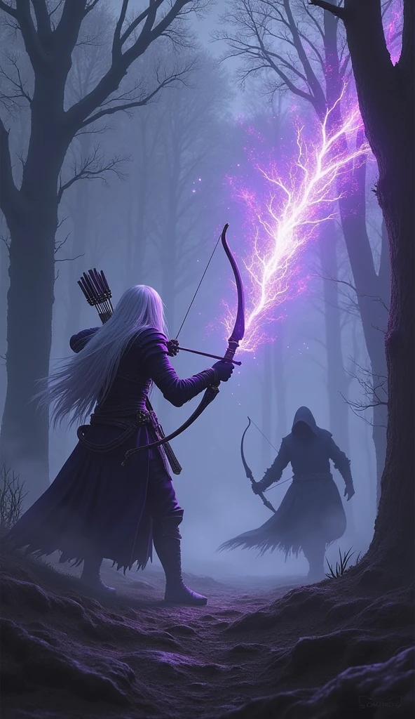 In a dark, misty forest, Raven, his white long hair cascading over his shoulders, faces off against a swift assassin clad in black. Dressed in purple leather armor, Raven moves with agility, dodging the assassin’s attacks with precision. He draws back his bow, his fingers steady as he releases the "Stormfire Arrow." The arrow blazes through the fog, catching the assassin off-guard and exploding in a burst of purple fire, illuminating the surrounding trees in a ghostly light.