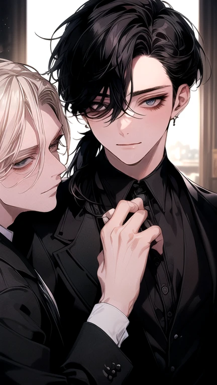 (Masterpiece), (Best Quality), Very detailed, (( Threesome guy)), Perfect Face, Beautiful Face, Very detail, (short Black-haired man), (long ponytail blonde-haired man), (mid dark-haired man)、white shirt and Black suit, chocolate, long eyelashes, shining, effection, open shirt, teased,