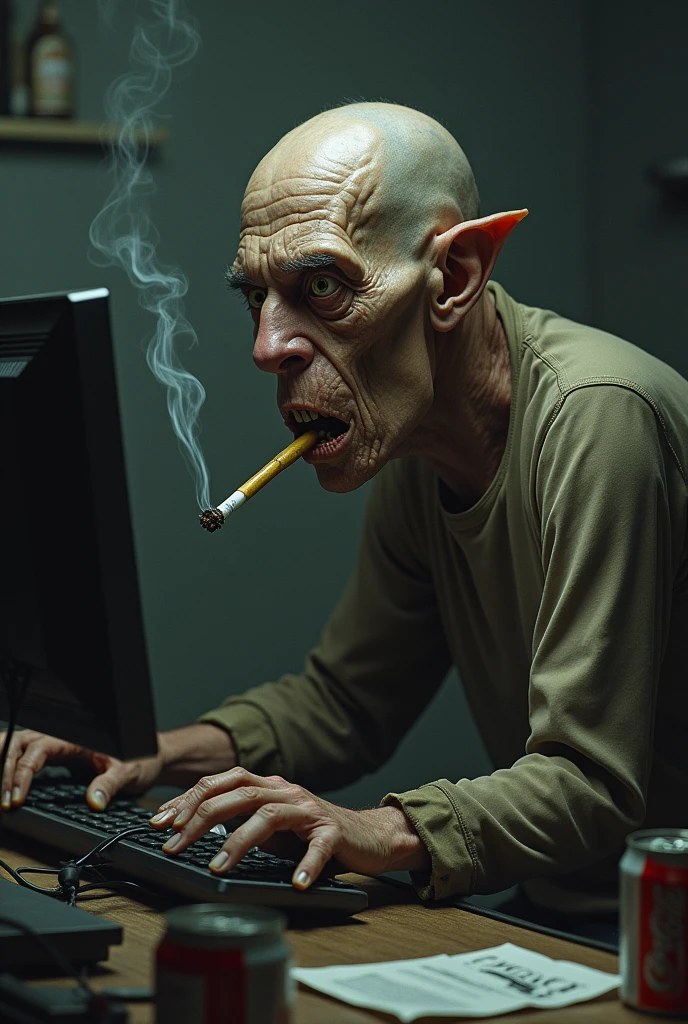Ugly deformed man sitting at the computer smoking drawing