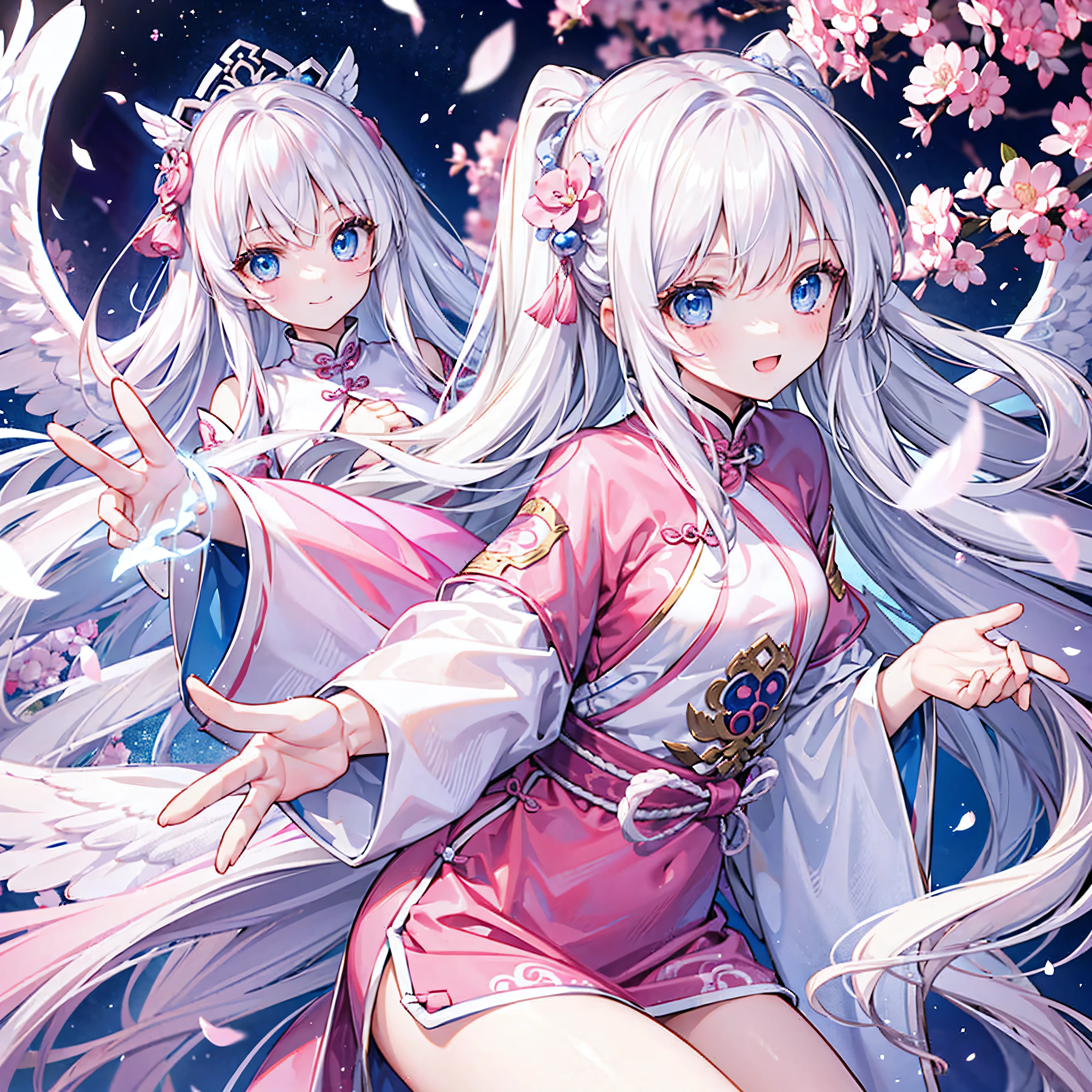 A girl with long white hair and blue eyes、19 years old、Angel wings on the back、Pink china clothes、Kung Fu Pose、Smiling